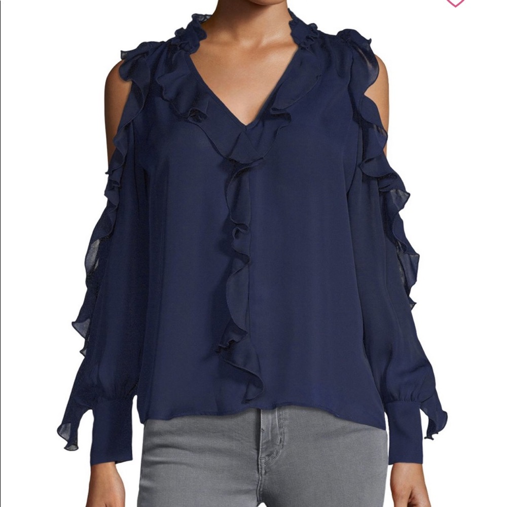 Parker Navy Blue Ruffle Cold Shoulder Blouse Sz XS